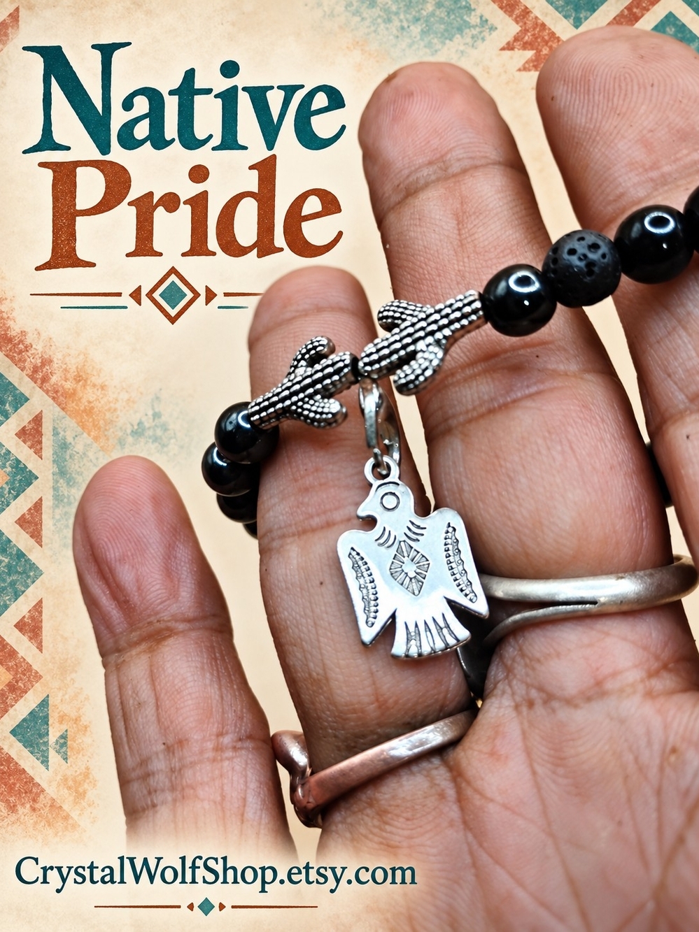 Silver Thunderbird Charm Bracelet in Black by CrystalWolfShop